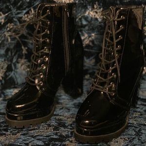 Faux Patent Leather Lace Up Block Heel Boots
